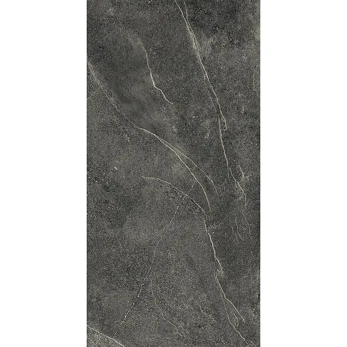 Feinsteinzeug in schwarzer Steinoptik 60x120, 20 mm, rutschhemmend -  - Dunkelgraue Steinplatte mit zarten hellen Äderungen, ideal für moderne Boden- oder Wandbeläge.