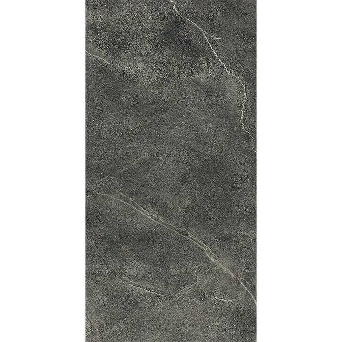Feinsteinzeug in schwarzer Steinoptik 60x120, 20 mm, rutschhemmend -  - Dunkelgraue Steinstruktur mit feiner Körnung und hellen, unregelmäßigen Adern, geeignet als Boden- oder Wandbelag.