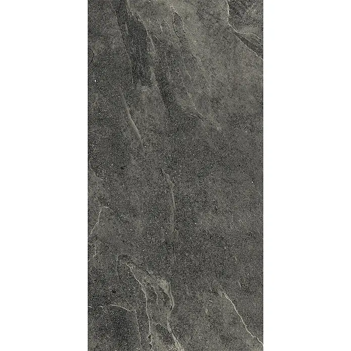 Feinsteinzeug in schwarzer Steinoptik 60x120, 20 mm, rutschhemmend -  - Dunkelgraue, gesprenkelte Steinstruktur mit subtilen helleren Äderungen und rauer Oberfläche.