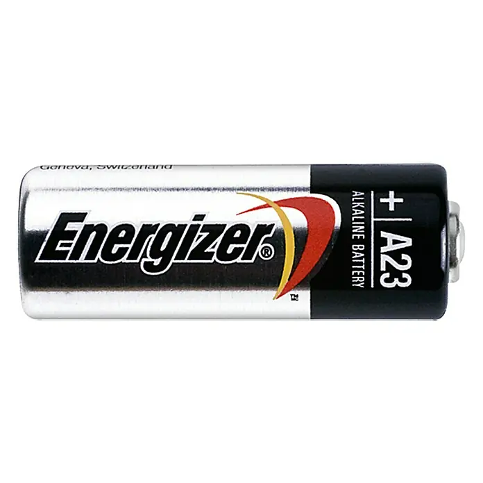 Energizer Pila - 23A, 12 V - Primer plano de una pila alcalina Energizer A23, ideal para pequeños dispositivos electrónicos, con un diseño plateado y negro.