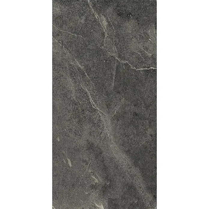 Feinsteinzeug in schwarzer Steinoptik 60x120, 20 mm, rutschhemmend -  - Dunkelgraue Marmorstruktur mit hellen Äderungen.