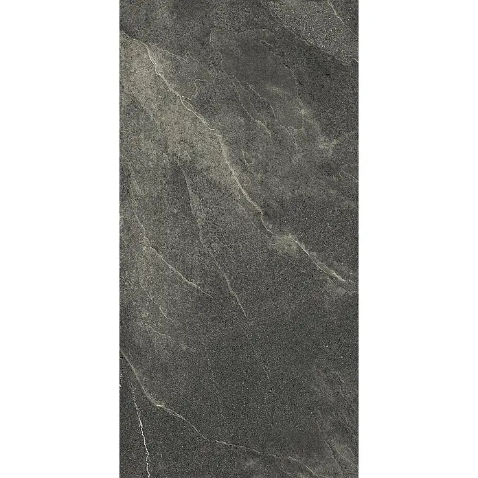 Feinsteinzeug in schwarzer Steinoptik 60x120, 20 mm, rutschhemmend -  - Dunkelgraue Fliese in Schieferoptik mit feinerer hellerer Maserung, ideal für moderne Böden oder Wände.