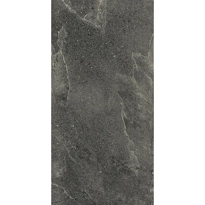 Feinsteinzeug in schwarzer Steinoptik 60x120, 20 mm, rutschhemmend -  - Dunkelgraue, texturierte Steinoberfläche mit hellen Sprenkeln und feinen Äderungen, geeignet für Fliesen.