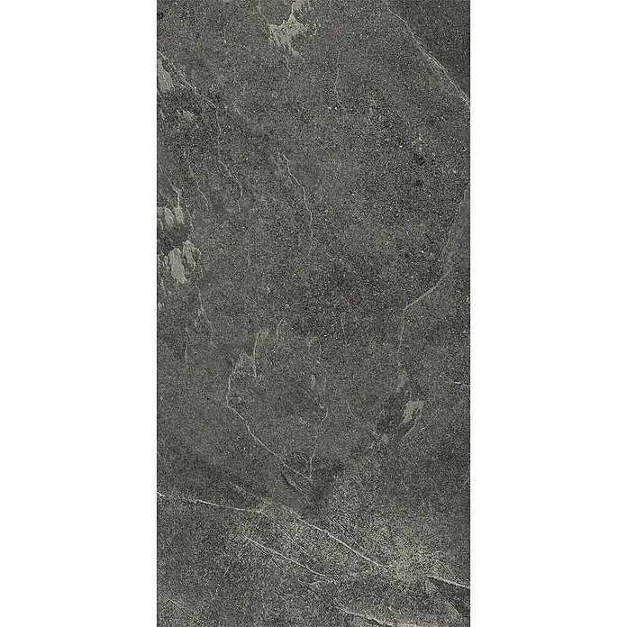 Feinsteinzeug in schwarzer Steinoptik 60x120, 20 mm, rutschhemmend -  - Dunkelgraue Steinstruktur mit subtilen hellgrauen Adern und gesprenkelter Oberfläche.