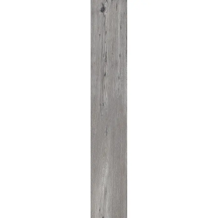 Feinsteinzeug in roher matter grauer Holzoptik 20x120 - Ital. Fliesen -  - Graue Holzoptik-Diele mit sichtbarer Maserung und dunklen Ästen.