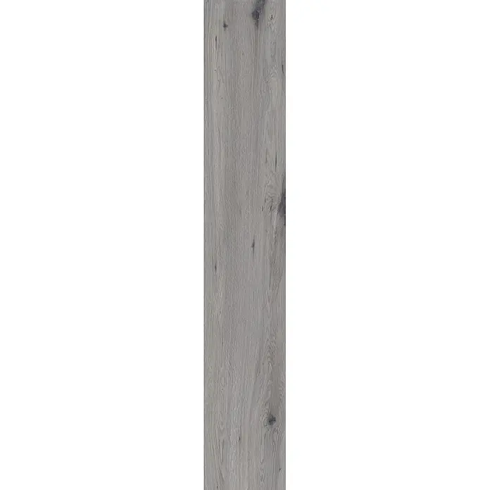 Feinsteinzeug in roher matter grauer Holzoptik 20x120 - Ital. Fliesen -  - Beige-graue Holzdekorplatte mit ausgeprägter Maserung und Ästen.