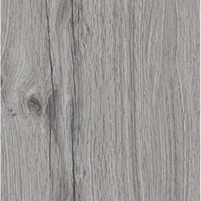 Feinsteinzeug in roher matter grauer Holzoptik 30x120 - Ital. Fliesen -  - Hellgraue Holzoptik-Oberfläche mit sichtbarer Maserung und einem Ast.