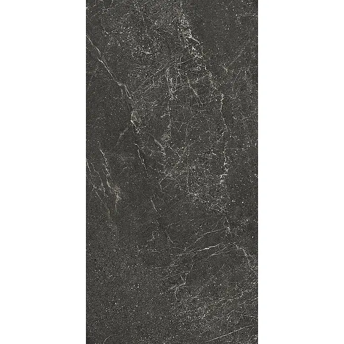 Feinsteinzeug geäderter schwarzer Steinoptik 60x120 - Italienische Fliesen -  - Dunkelgraue Steinplatte mit feinen weißen und hellgrauen Maserungen, gesprenkelte Textur.