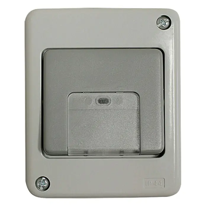 Voltomat FLUID Pulsador para estancias con humedad - Gris, IP44 - Enchufe gris impermeable con tapa abatible y tornillos para montaje en pared, ideal para uso en exteriores.