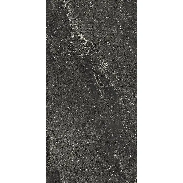 Feinsteinzeug geäderter schwarzer Steinoptik 60x120 - Italienische Fliesen -  - Dunkelgraue Natursteintextur mit weißen Adern und feinen Sprenkeln.