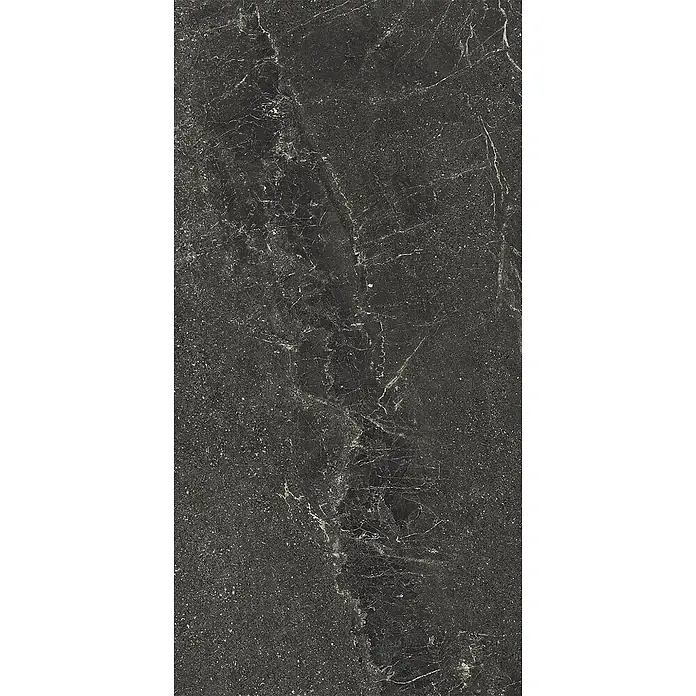 Feinsteinzeug geäderter schwarzer Steinoptik 60x120 - Italienische Fliesen -  - Dunkelgraue Fliese in Marmoroptik mit weißen Äderungen und feinen Sprenkeln.