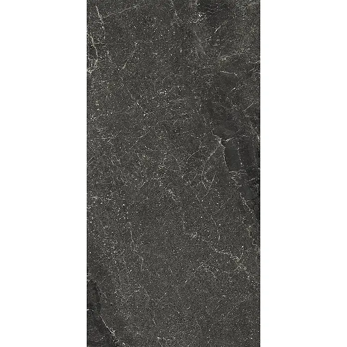 Feinsteinzeug geäderter schwarzer Steinoptik 60x120 - Italienische Fliesen -  - Dunkelgraue Marmor-Optik Fliese mit feinen weißen Äderungen und Sprenkeln.