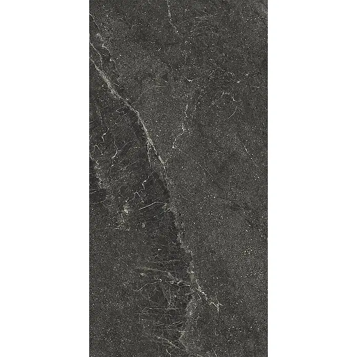 Feinsteinzeug geäderter schwarzer Steinoptik 60x120 - Italienische Fliesen -  - Dunkelgraue Marmoroberfläche mit markanten weißen und hellgrauen Adern und feinen Sprenkeln.