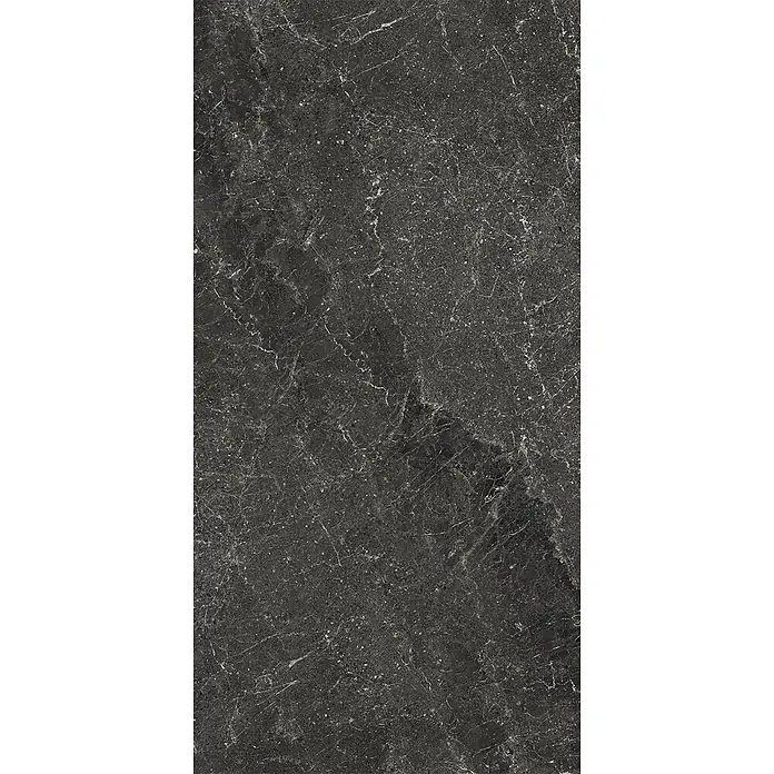 Feinsteinzeug geäderter schwarzer Steinoptik 60x120 - Italienische Fliesen -  - Dunkelgraue Marmorfliese mit zarter weißer und grauer Maserung.