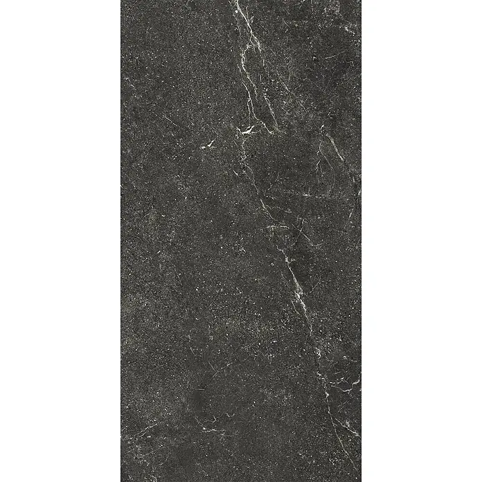 Feinsteinzeug geäderter schwarzer Steinoptik 60x120 - Italienische Fliesen -  - Dunkle graue Steinplatte mit weißen Marmoradern und feinen Sprenkeln.