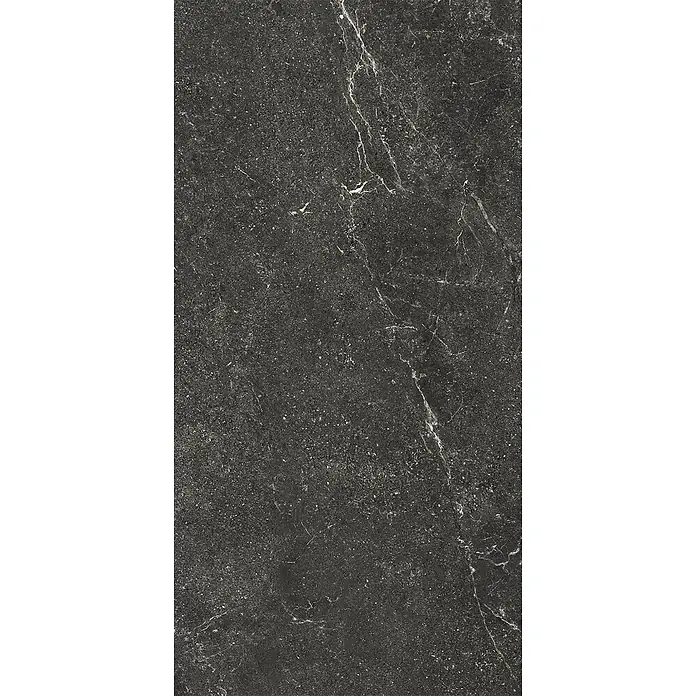 Feinsteinzeug geäderter schwarzer Steinoptik 60x120 - Italienische Fliesen -  - Dunkelgraue Fliese in Marmoroptik mit weißen Äderungen und feinen Sprenkeln.