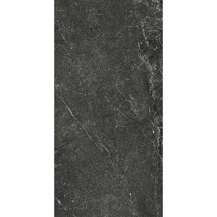 Feinsteinzeug geäderter schwarzer Steinoptik 60x120 - Italienische Fliesen -  - Dunkelgraue Fliese in Natursteinoptik mit weißen Äderungen und Sprenkeln.