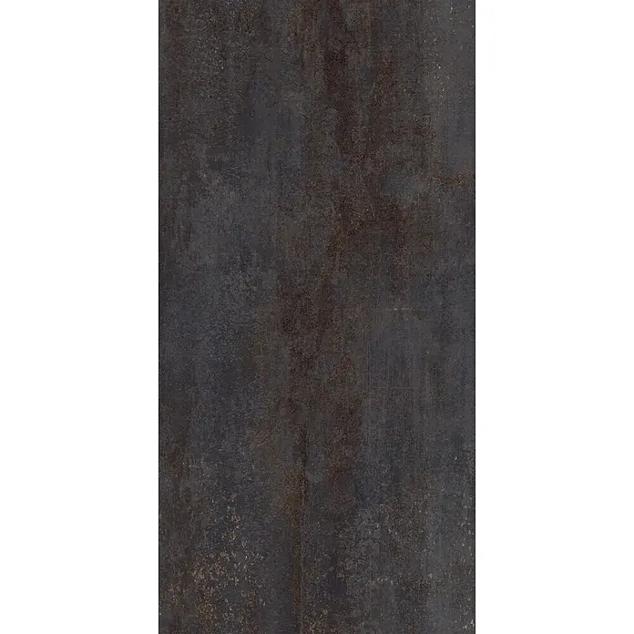 Feinsteinzeug in oxidierter schwarzer Metalloptik 60x120 - Ital. Fliesen -  - Dunkle, industrielle Textur, mit rostbraunen und grauen Tönen gesprenkelt, ideal für robuste Oberflächen.
