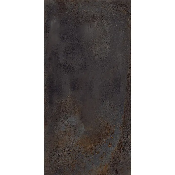 Feinsteinzeug in oxidierter schwarzer Metalloptik 60x120 - Ital. Fliesen -  - Dunkle, rustikale Fliese mit Metall- oder Steinoptik und Bronze-Rosttönen.