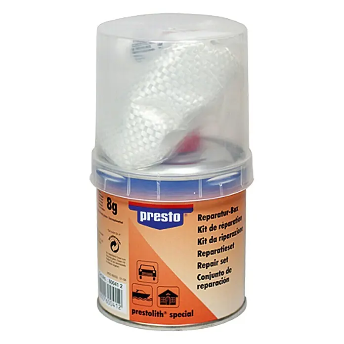 Presto Reparaturbox - 250 g - Reparaturset von Presto bestehend aus Glasfasergewebe und Reparaturharz, ideal für schnelle und dauerhafte Reparaturen an verschiedenen Oberflächen.