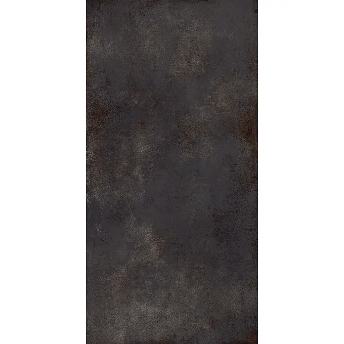 Feinsteinzeug in oxidierter schwarzer Metalloptik 60x120 - Ital. Fliesen -  - Dunkelgraue, verwitterte Oberfläche mit rostbraunen und abgenutzten Details.