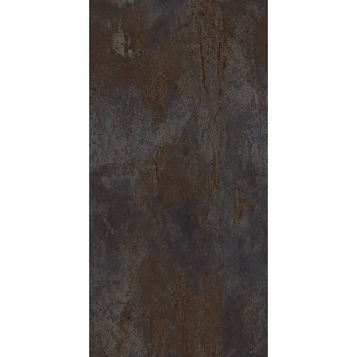 Feinsteinzeug in oxidierter schwarzer Metalloptik 60x120 - Ital. Fliesen -  - Dunkle, verwitterte Metalltextur mit tiefen Grau- und Rostbrauntönen, ideal für industrielle Oberflächen.