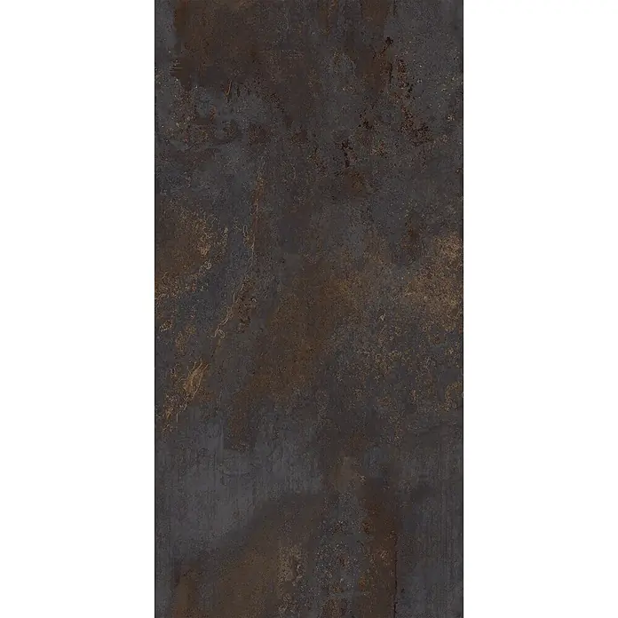 Feinsteinzeug in oxidierter schwarzer Metalloptik 60x120 - Ital. Fliesen -  - Dunkle, verwitterte Metalltextur mit rostbraunen Tönen.