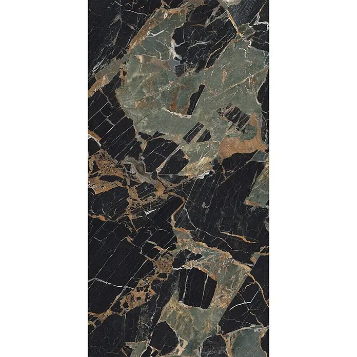 Feinsteinzeug in Schwarz/Grün glänzender Marmoroptik 60x120 - Ital. Fliesen -  - Dunkle Marmorplatte mit schwarzen, grünen und goldbraunen Adern, ideal für Böden oder Arbeitsplatten.