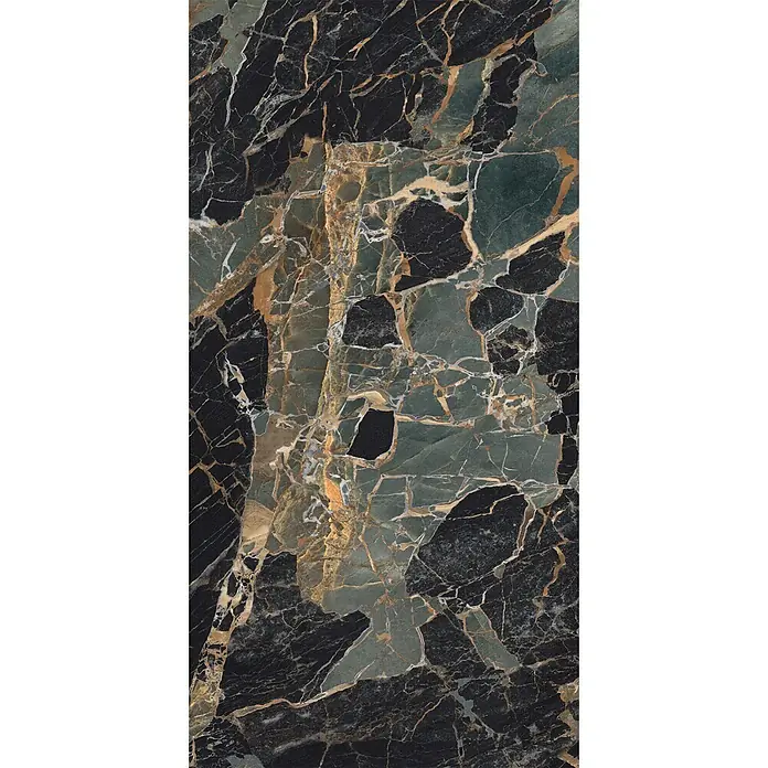 Feinsteinzeug in Schwarz/Grün glänzender Marmoroptik 60x120 - Ital. Fliesen -  - Dunkler Marmor mit schwarzer, grüner und goldbrauner Maserung, geeignet für luxuriöse Oberflächen.