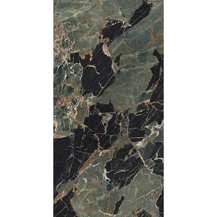 Feinsteinzeug in Schwarz/Grün glänzender Marmoroptik 60x120 - Ital. Fliesen -  - Dunkelgrüner und schwarzer Marmor mit auffälliger goldbrauner und weißer Äderung, ideal für luxuriöse Oberflächen.