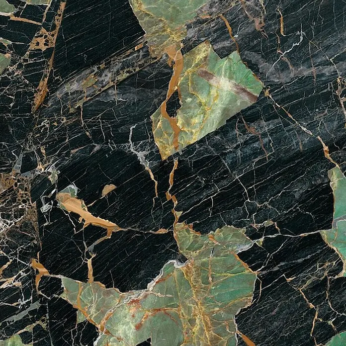 Feinsteinzeug in Schwarz/Grün glänzender Marmoroptik 60x120 - Ital. Fliesen -  - Dunkelgrüner und schwarzer Marmor mit auffälligen goldenen und hellgrünen Adern und abstrakten Mustern.