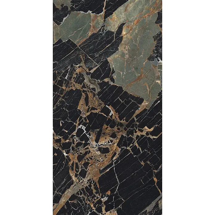 Feinsteinzeug in Schwarz/Grün glänzender Marmoroptik 60x120 - Ital. Fliesen -  - Dunkler Marmor mit schwarzer, grüner und goldbrauner Maserung, zeigt eine natürliche Steinstruktur.