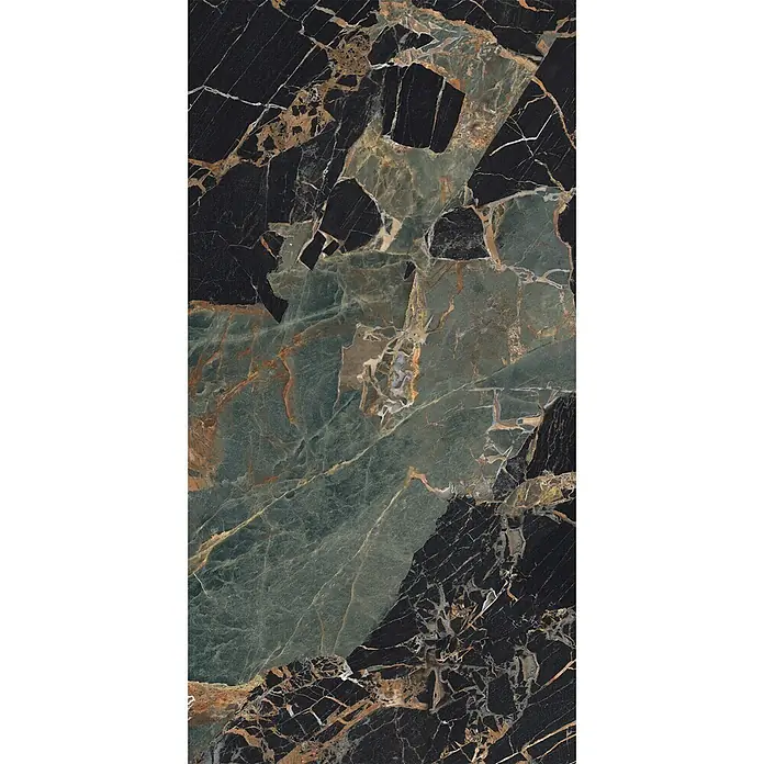 Feinsteinzeug in Schwarz/Grün glänzender Marmoroptik 60x120 - Ital. Fliesen -  - Luxuriöser schwarz-dunkelgrüner Marmor mit auffälligen Gold- und Bronzeadern.