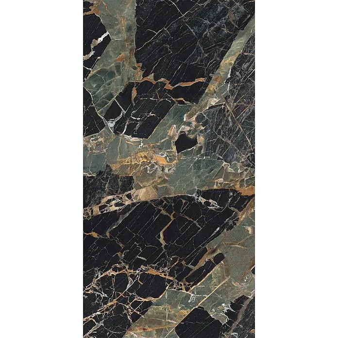 Feinsteinzeug in Schwarz/Grün glänzender Marmoroptik 60x120 - Ital. Fliesen -  - Dunkle Marmorstruktur mit grünen Akzenten und auffälligen goldenen und weißen Adern.