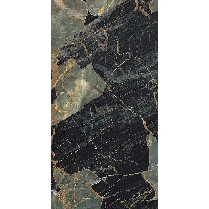 Feinsteinzeug in Schwarz/Grün glänzender Marmoroptik 60x120 - Ital. Fliesen -  - Dunkle Marmoroberfläche mit goldenen und weißen Adern sowie hellgrünen Steinbereichen.