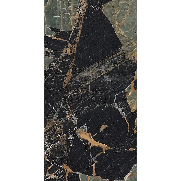 Feinsteinzeug in Schwarz/Grün glänzender Marmoroptik 60x120 - Ital. Fliesen -  - Dunkle Marmorplatte mit goldener, bronzener und grüngrauer Äderung, ideal für luxuriöse Oberflächen.