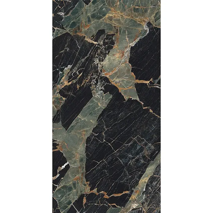 Feinsteinzeug in Schwarz/Grün glänzender Marmoroptik 60x120 - Ital. Fliesen -  - Dunkler Marmor mit grünen, goldenen und weißen Adern, geeignet für Bodenbeläge oder Arbeitsplatten.