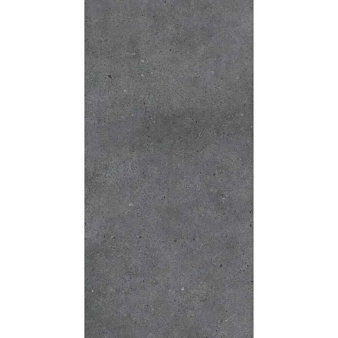 Feinsteinzeug in matter anthrazitfarbener Betonoptik 60x120 - Ital. Fliesen -  - Strukturierte dunkelgraue Steinoberfläche mit subtilen hellen und dunklen Sprenkeln.
