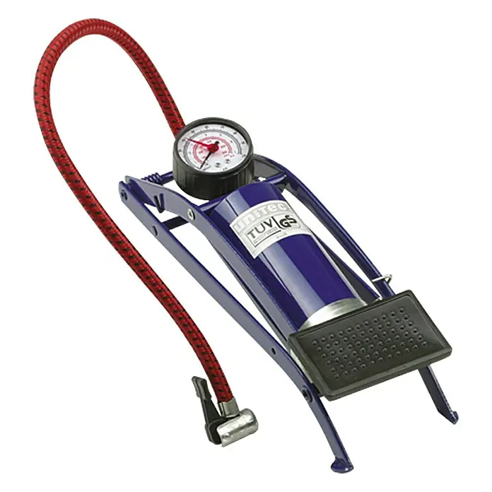 UniTEC Fußluftpumpe - Mit 1 Zylinder, Max. Druck: 7 bar - Abbildung einer Unitec Fußluftpumpe mit Manometer, ideal zum Aufpumpen von Reifen.