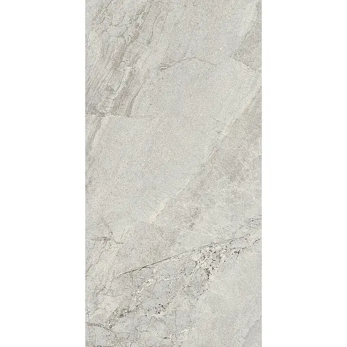 Feinsteinzeug in grauer Steinoptik 60x120, 20 mm, rutschhemmend -  - Hellgraue Fliese mit subtilem Natursteinmuster und zarter Maserung, ideal für moderne Interieurs.