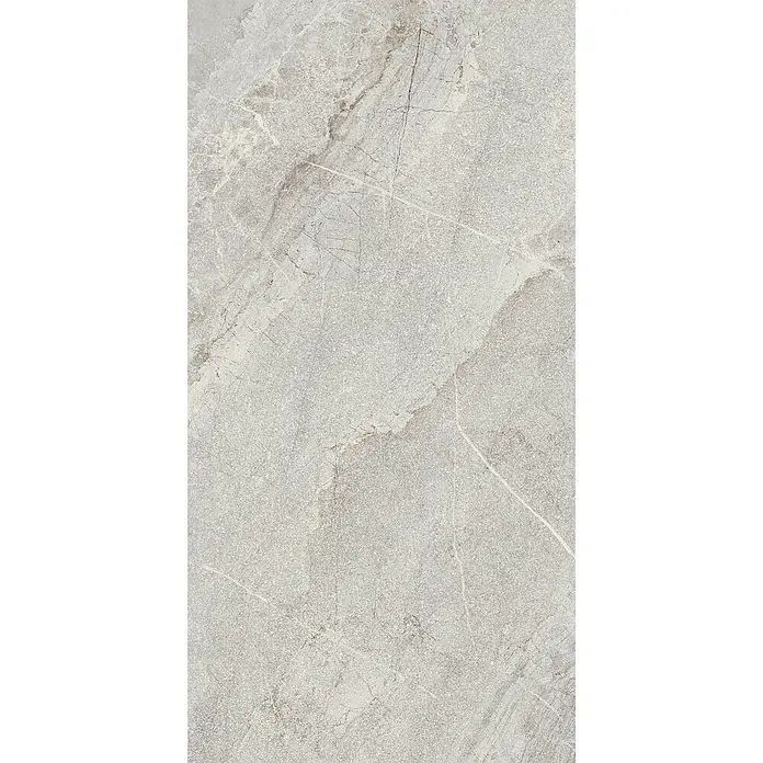 Feinsteinzeug in grauer Steinoptik 60x120, 20 mm, rutschhemmend -  - Hellgraue Marmorfliese mit feiner brauner und weißer Maserung, geeignet für Böden oder Wände.