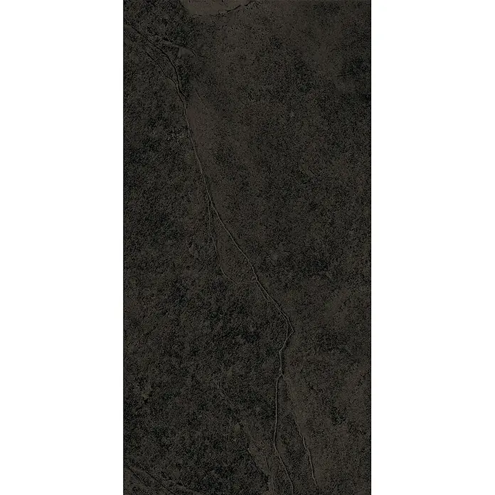 Feinsteinzeug in schwarzer Steinoptik 30x60 - Italienische Fliesen -  - Dunkelgrau-braune, grob strukturierte Steinoberfläche mit helleren, subtilen Äderungen.