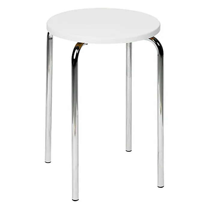 Taburete de baño - Blanco, Cromado, Redonda, Diámetro: 32 cm, Altura: 42,5 cm - Primer plano de un taburete blanco con patas cromadas, ideal para entornos modernos.