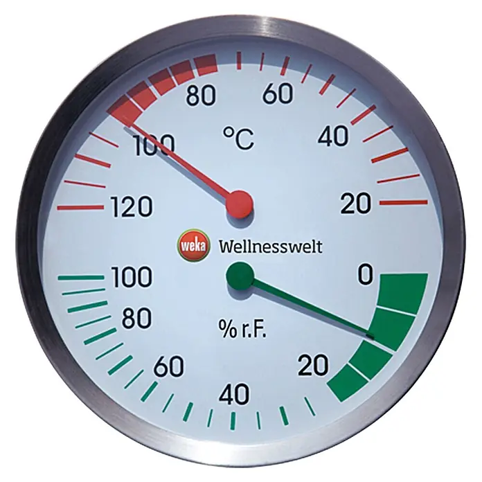Weka Klimamesser - Metall - Nahaufnahme eines runden Weka-Wellnesswelt-Thermo-Hygrometers mit rotem und grünem Zeiger zur Messung von Temperatur und Luftfeuchtigkeit.