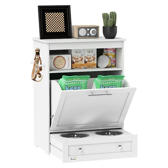 PawHut Haustier-Futterschrank Weiß 61L x 35,5B x 82H cm -  - Weißer Tierfutterschrank aus Holz mit Ablage, Kippbehälter und ausziehbarer Schublade mit zwei Edelstahlnäpfen.