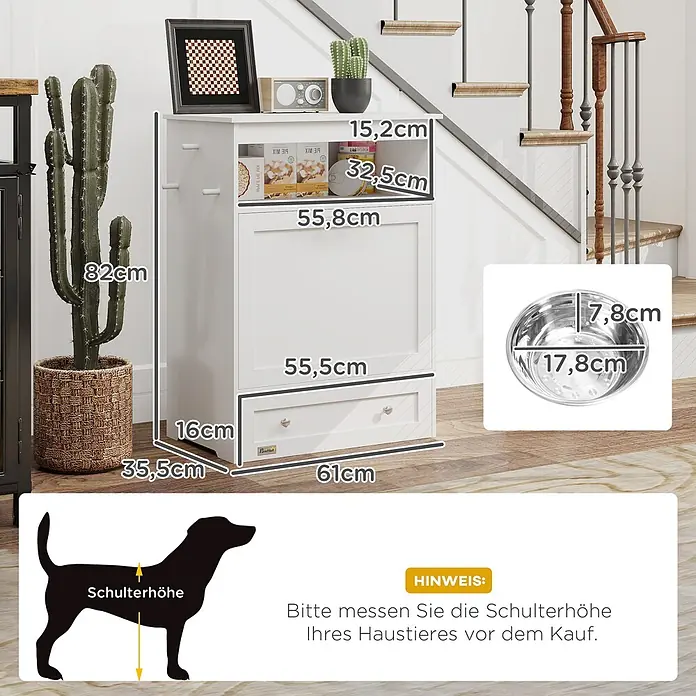 PawHut Haustier-Futterschrank Weiß 61L x 35,5B x 82H cm -  - Weißer Tierfutterstation-Schrank mit Maßen, Ablage, Schublade und Edelstahlnapf, Hinweis zur Schulterhöhe des Haustieres.