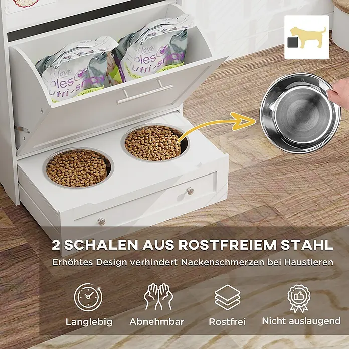 PawHut Haustier-Futterschrank Weiß 61L x 35,5B x 82H cm -  - Weiße Futterstation für Haustiere mit zwei Edelstahlschalen, eine wird von einer Hand entfernt. Erhöhtes Design und oberer Stauraum für Futterbeutel.