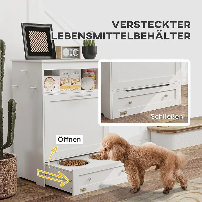 PawHut Haustier-Futterschrank Weiß 61L x 35,5B x 82H cm -  - Weißer Holz-Futterstation mit ausziehbarer Schublade und zwei Näpfen; ein Pudel frisst daraus. Versteckter Futterbehälter.