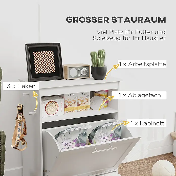 PawHut Haustier-Futterschrank Weiß 61L x 35,5B x 82H cm -  - Weißer Tierfutter-Vorrratsschrank mit Ablagefläche, Haken, offenem Fach und Kippbehälter für Zubehör.