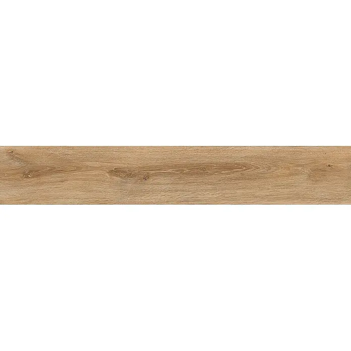 Feinsteinzeug in honigfarbener Holzoptik 20x120, rutschhemmend -  - Hellbraune Holzoptik-Fliese mit sichtbarer Maserung und Ästen.